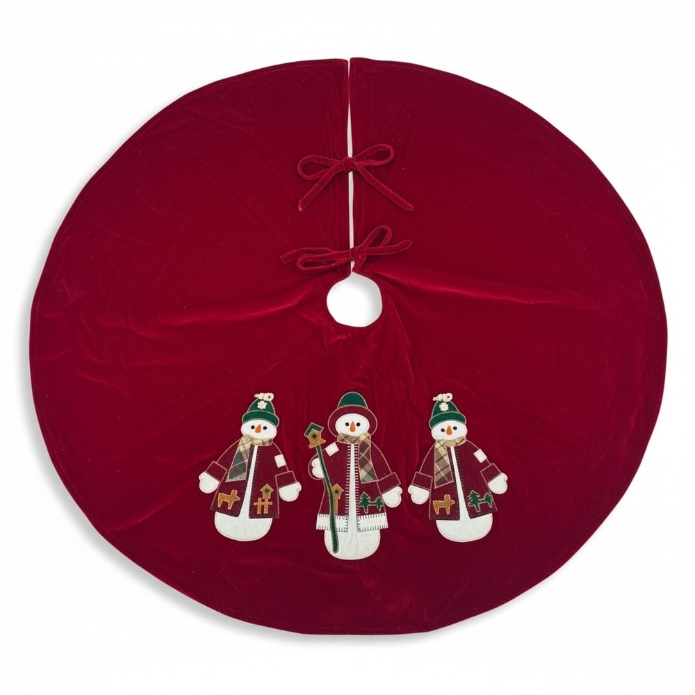 House & Home Decor Red Velvet Snowman Christmas Tree Skirt Plaid Applique 2003